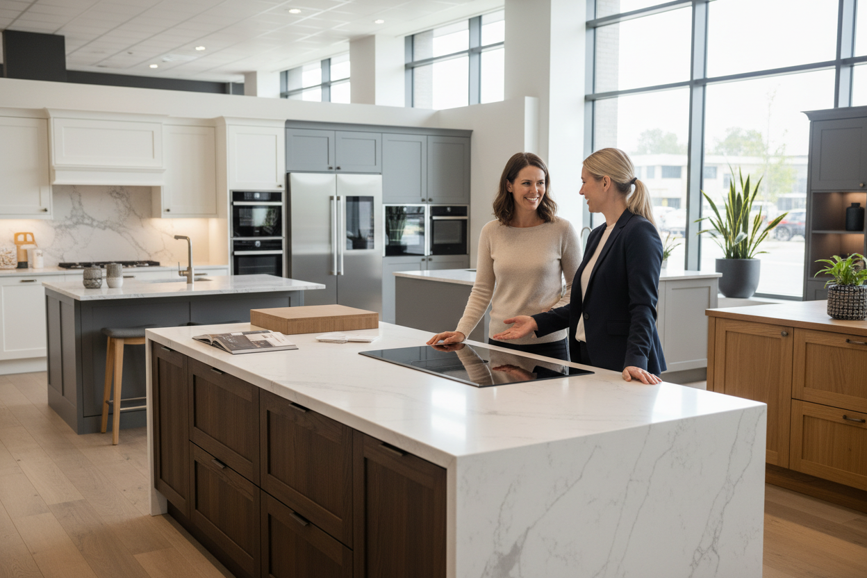 venditore che parla con clienti in negozio di cucine